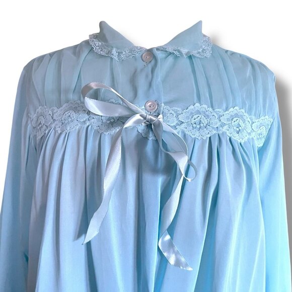 Vintage Blue Swan Womens Bed Jacket Sz Medium Sheer Nylon Lace Sissy Coquette - Picture 2 of 7